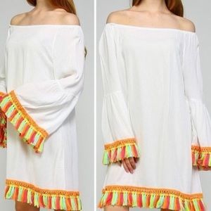 Velzera White Tunic Dress Cover Up w/ Neon Tassels